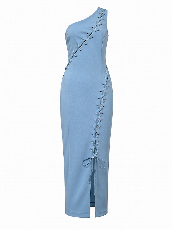 【新品DRESS 1902】アシンメトリーレースアップワンショルタイトミディアムドレス ブルー【KAREN MILLEN】